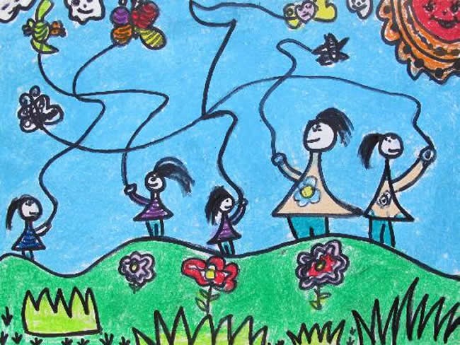 关于春天放风筝的图片儿童画简单水彩画作品