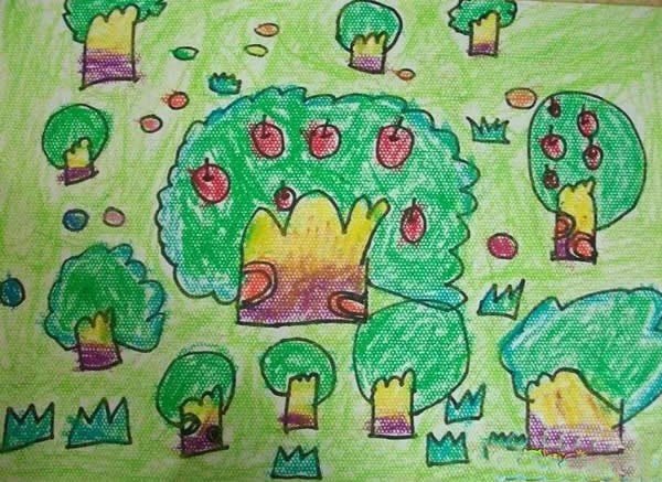 【儿童画秋天的苹果树】三年级怎样画苹果树/蜡笔画图片