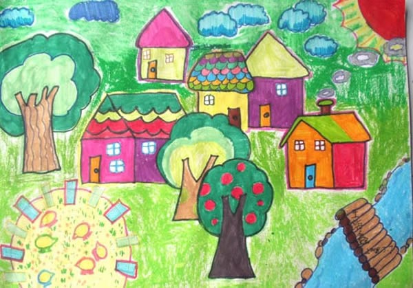 儿童画的家乡风景画绘画作品欣赏/油棒画图片