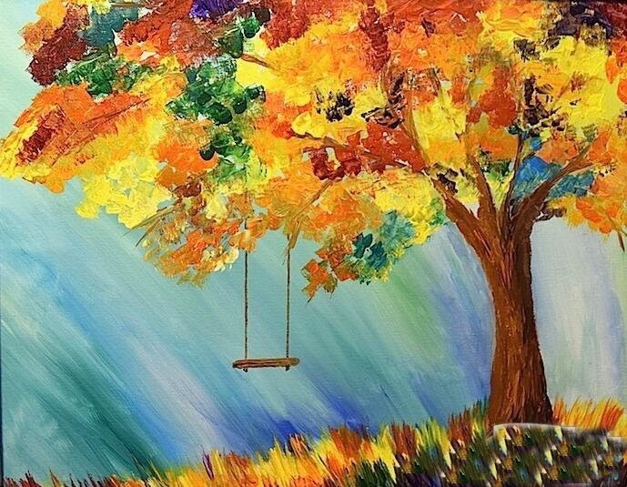 儿童画秋天的图画 金色的大树秋天油画作品分享