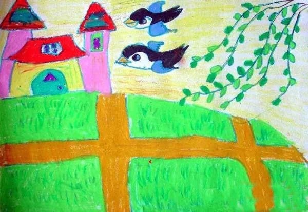 春天燕子柳叶儿童画 儿童画春天的图片