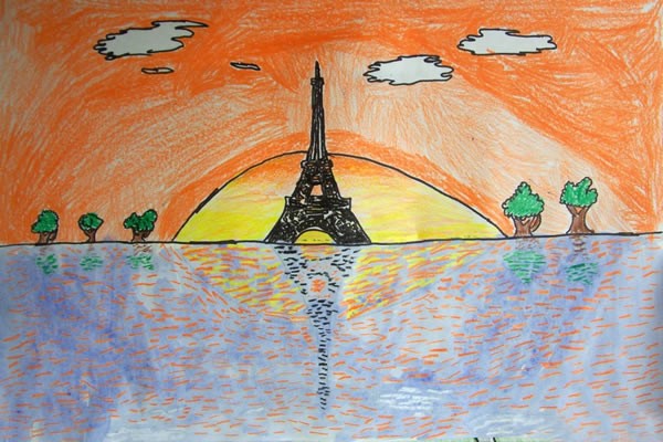 儿童风景彩铅画优秀作品赏析_塞纳河畔的埃菲尔铁塔