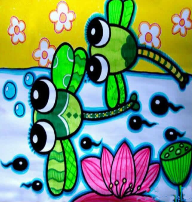 夏天的池塘荷花蜻蜓儿童风景画