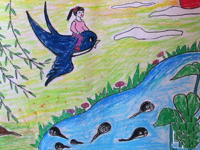 画一幅创意简单的春天儿童画-我和燕子