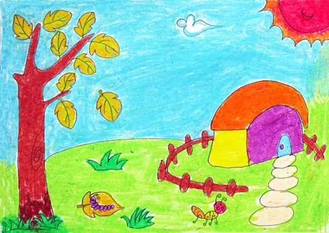 小学生秋天的小乡村儿童画/油棒画图片