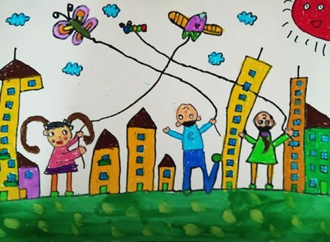 春天小朋友放风筝好看的儿童画欣赏