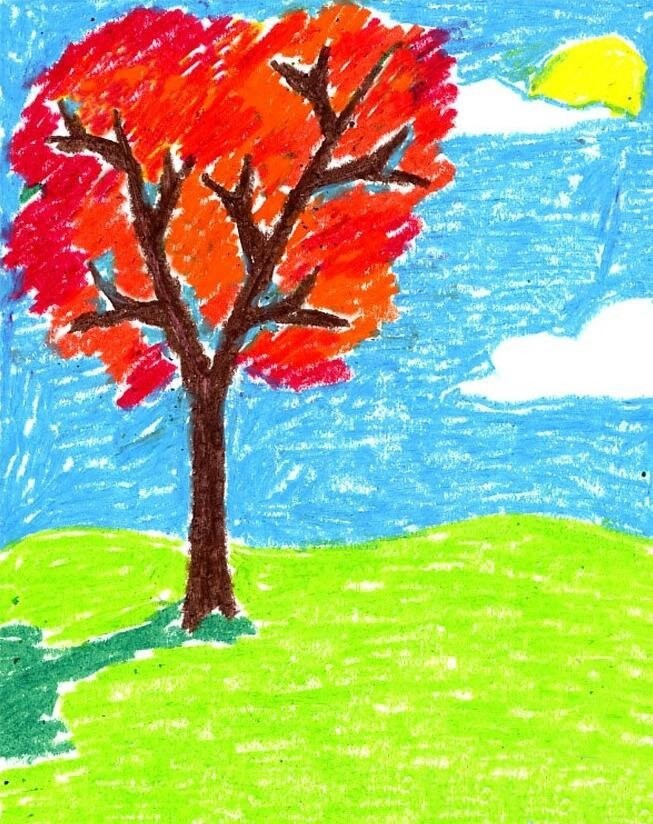 秋天的大树儿童画/油画棒图片