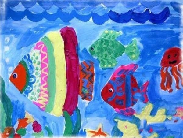 儿童水粉画海底世界 漂亮的鱼群