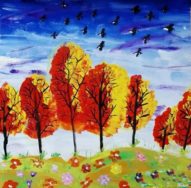 秋天的树林儿童画 儿童画秋天的图画
