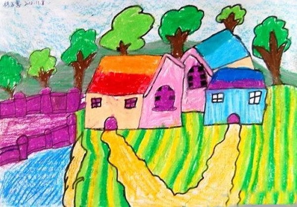 一年级小学生最简单的乡村儿童风景画/蜡笔画图片
