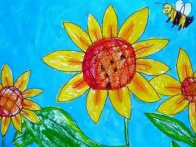 夏天阳光下的向日葵小蜜蜂儿童画/蜡笔画图片