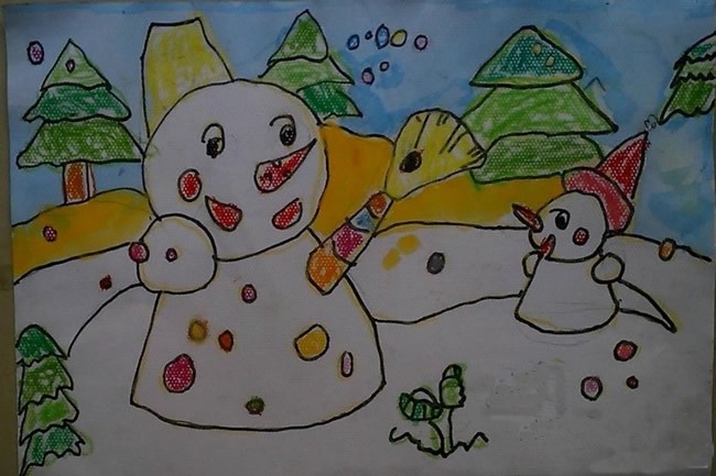 美丽的冬天的雪景儿童画-雪人父子