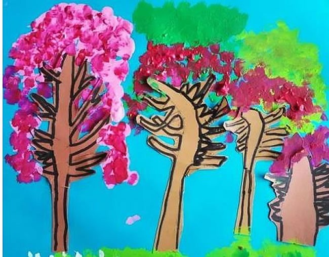 漂亮的春天儿童画优秀作品-彩色的树木