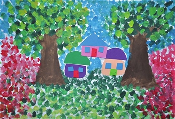 美丽的小村庄儿童风景画作品/水粉画图片