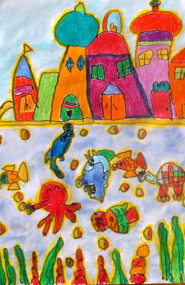 儿童画海底世界城堡作品欣赏/水彩画图片