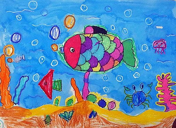 海底世界的一条漂亮小花鱼儿童画-水粉画图片