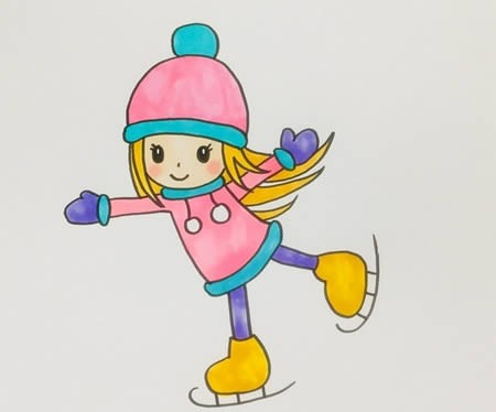 小女孩滑冰简笔画涂色画法 滑冰的小女孩简笔画简单又漂亮