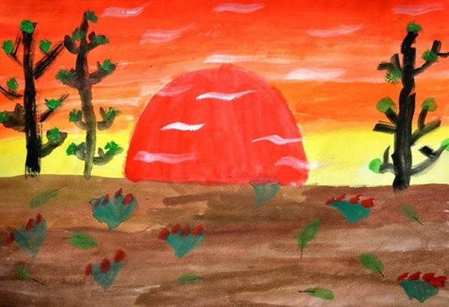 美丽的日落儿童水粉风景画作品
