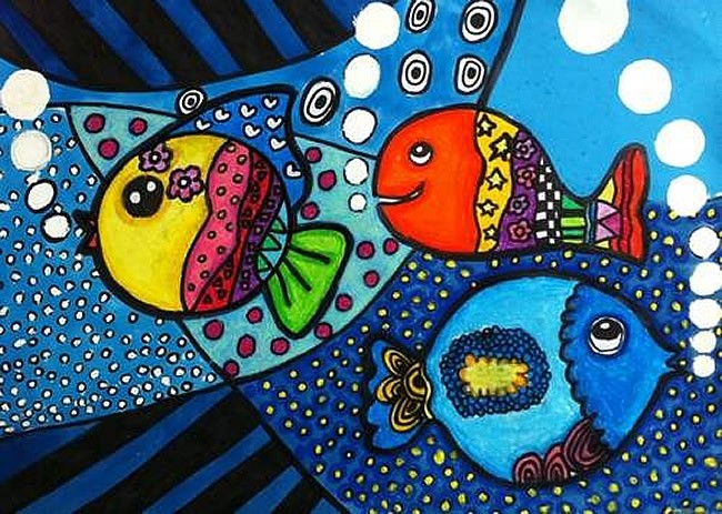 海底世界儿童画优秀作品展示-色彩斑斓的鱼儿-油画棒画图片