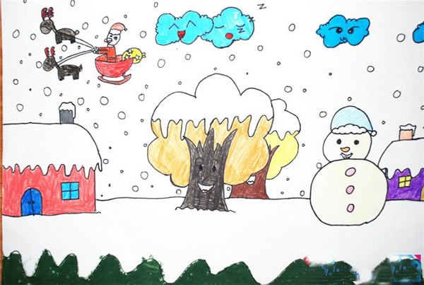 圣诞节雪景儿童画 冬天的雪景儿童画简易