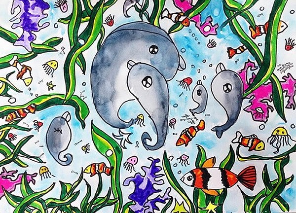 创意海底世界优秀儿童水彩画作品-起舞的海豚