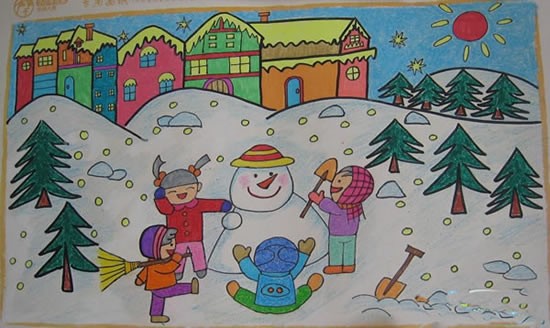 冬天堆雪人主题儿童画作品 小伙伴们堆雪人