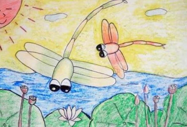 夏天的荷塘荷花蜻蜓风景儿童画/蜡笔画图片