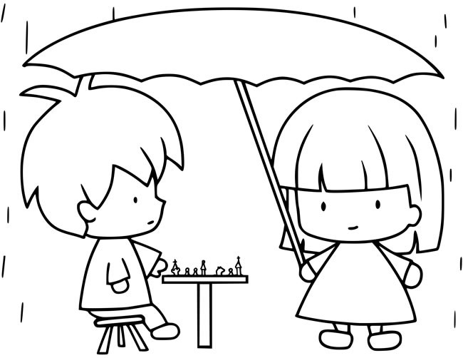 两个小朋友雨中下棋简笔画图片
