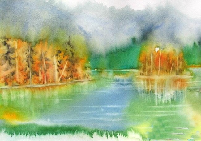 家乡的秋天水彩画儿童画图片_小河两岸的秋色