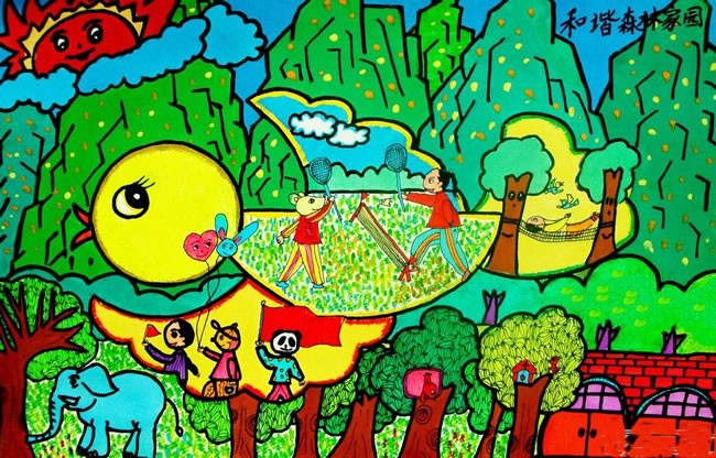 一幅漂亮的春天风景儿童画-和谐森林家园