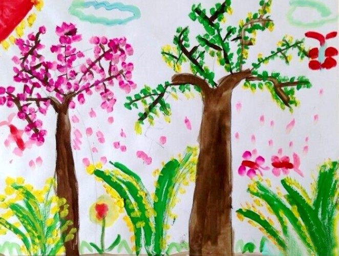 关于春天的简单好看儿童水粉画作品-春天的颜色