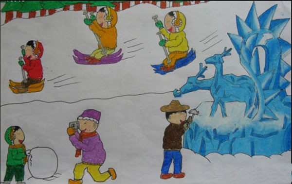 冬天小朋友滑雪情景简单儿童画作品欣赏