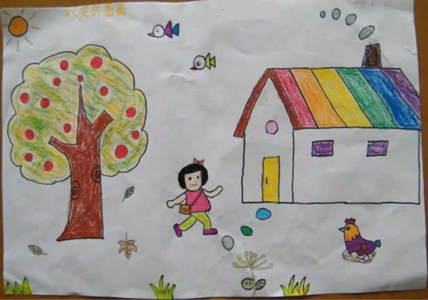 秋天的小乡村儿童画 儿童风景画图片