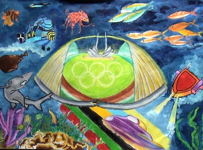 创意好看的海底世界儿童水粉画作品-海底奥运馆