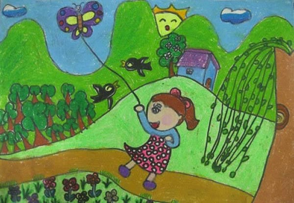 春天郊外放风筝的小女孩儿童画/油画棒图片