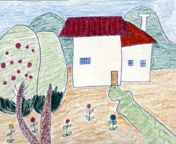 乡村房子儿童风景画优秀作品/蜡笔画图片
