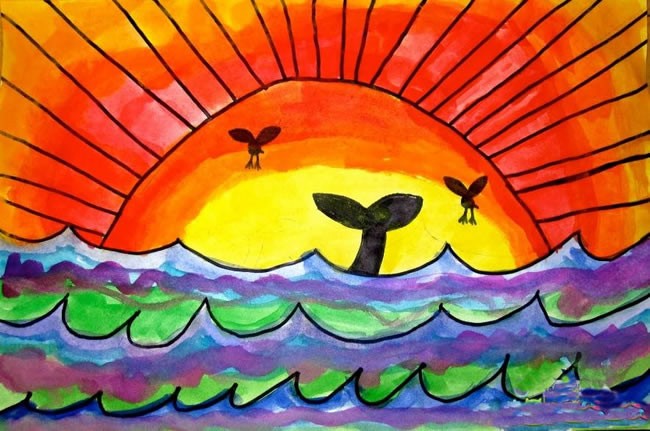 外国小朋友画的海上夕阳风景儿童画作品欣赏