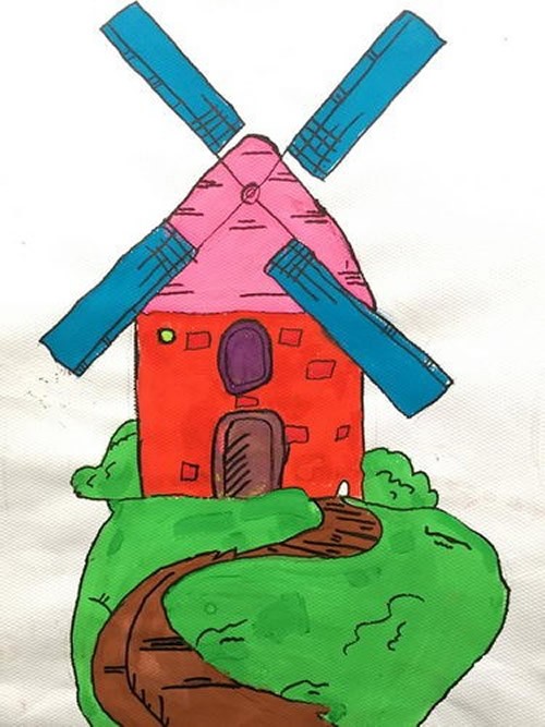 儿童创意绘画荷兰大风车_荷兰风车春天风景简笔画