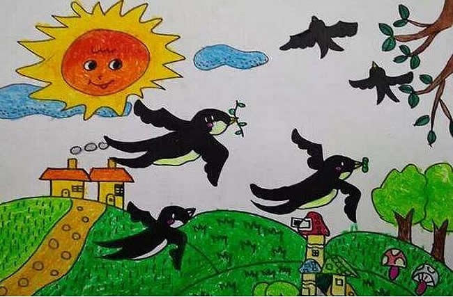 一幅春天简单漂亮的儿童画作品-燕子飞回来了