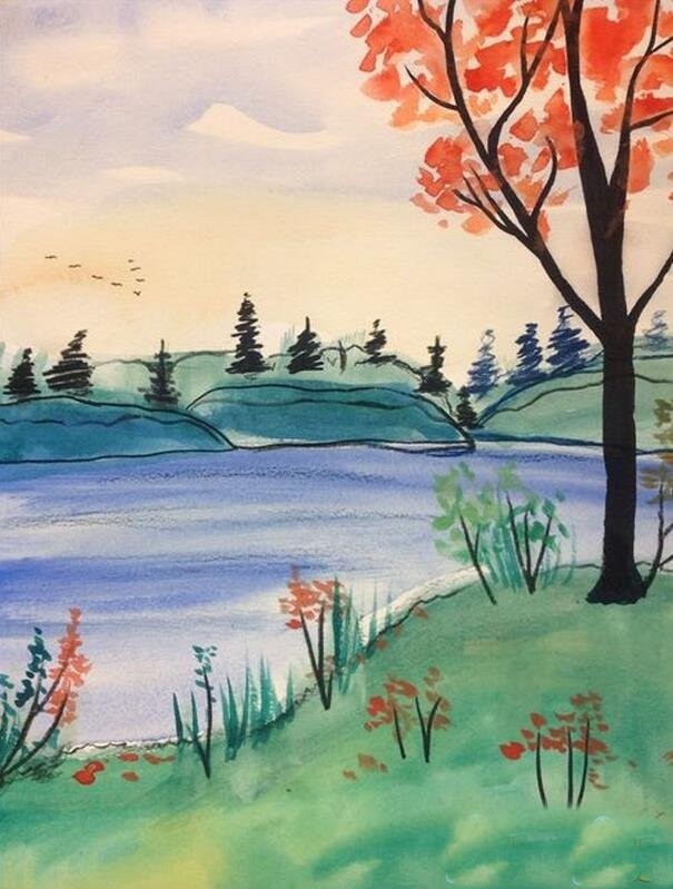 秋天的风景图片儿童画 秋天的绘画作品图片