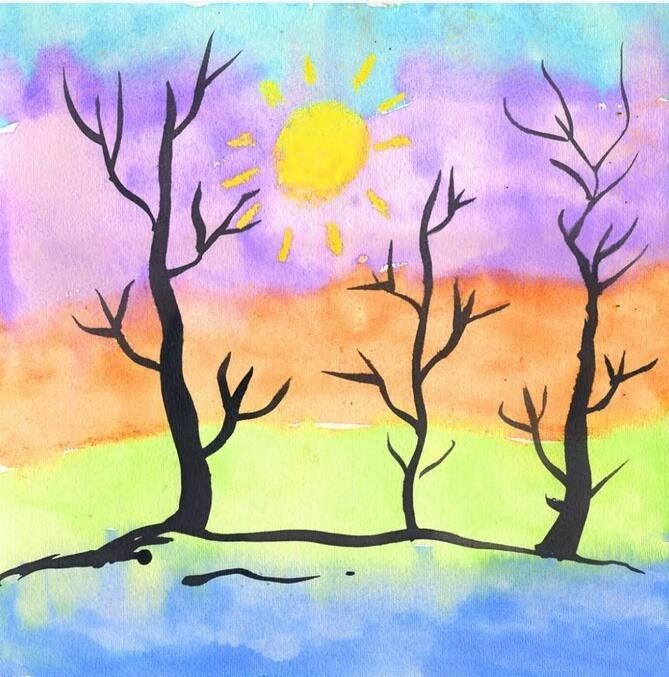 儿童简单的水彩风景画图片 日出和枯树风景/水彩画图片