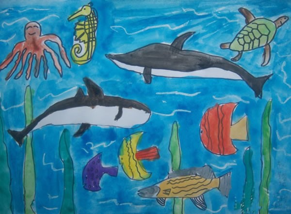 优秀儿童画海底世界美丽的鱼作品欣赏/水彩画图片