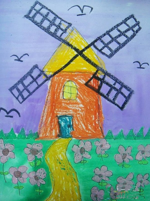 儿童风景画作品蜡笔画_儿童画荷兰花海大风车