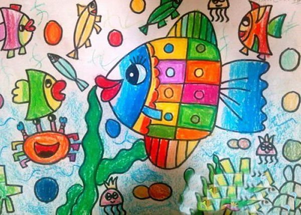 创意海底世界儿童画作品欣赏_五颜六色的鱼