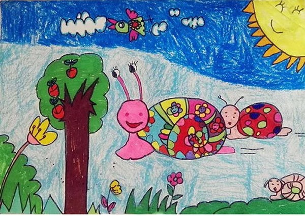 五岁幼儿儿童画获奖作品欣赏_蜗牛赛跑