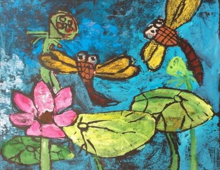 夏日荷塘荷花蜻蜓儿童风景画 /儿童版画图片