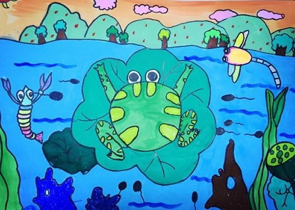 夏日池塘风景小学生儿童画作品/水彩画图片夏天,池塘的水在叮叮咚咚的