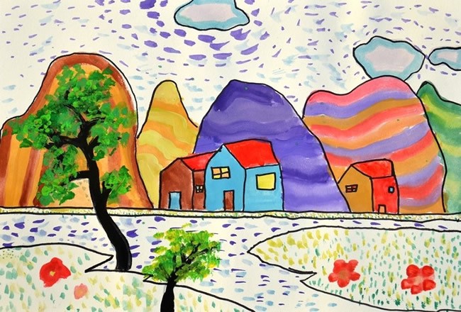 家乡的春天风景儿童水粉画作品欣赏