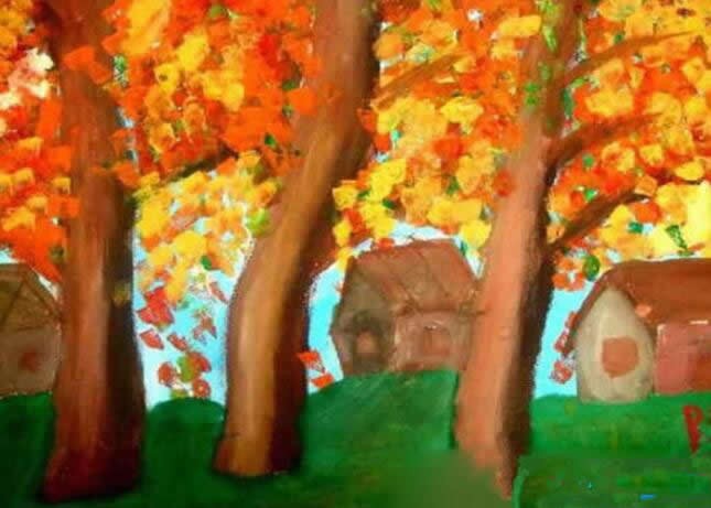 秋天的山村风景水粉儿童画图片
