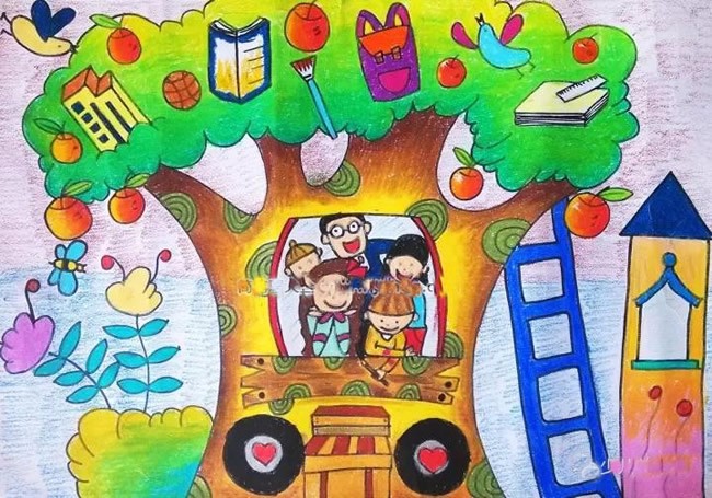 我梦想中的绿色家园儿童画绘画作品欣赏 - 大树房子
